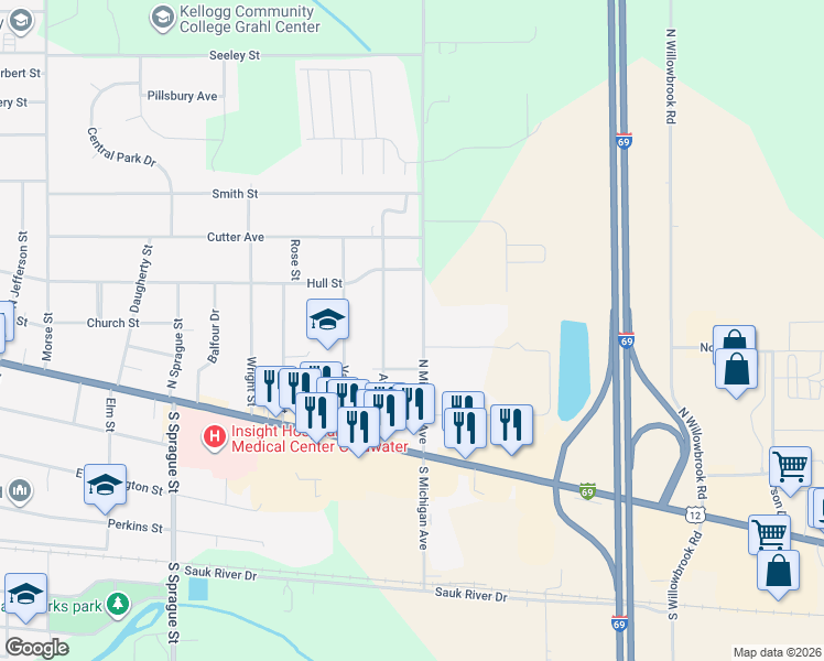 map of restaurants, bars, coffee shops, grocery stores, and more near 81 North Michigan Avenue in Coldwater
