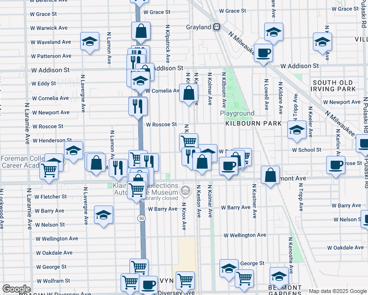 map of restaurants, bars, coffee shops, grocery stores, and more near 3323 North Knox Avenue in Chicago