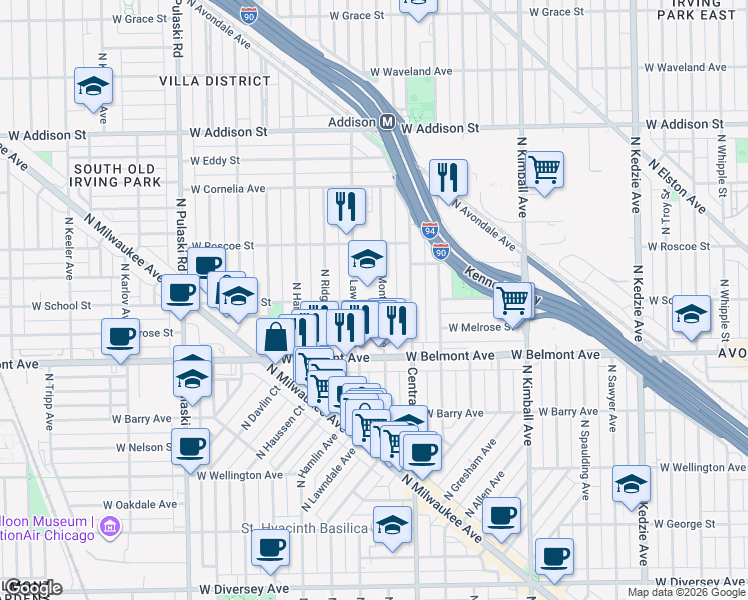 map of restaurants, bars, coffee shops, grocery stores, and more near 3650 West School Street in Chicago
