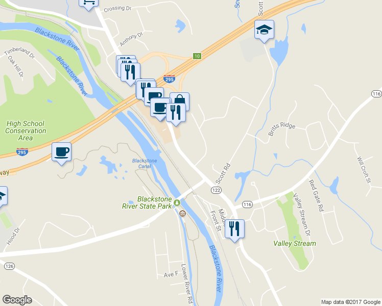 map of restaurants, bars, coffee shops, grocery stores, and more near 1621 Mendon Road in Cumberland