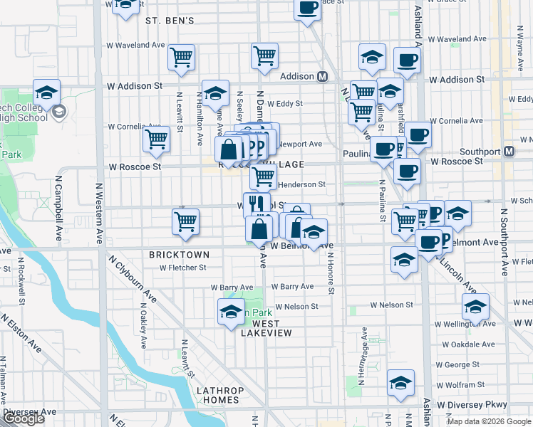 map of restaurants, bars, coffee shops, grocery stores, and more near 3249 North Damen Avenue in Chicago
