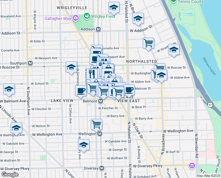 map of restaurants, bars, coffee shops, grocery stores, and more near 3248 North Clark Street in Chicago