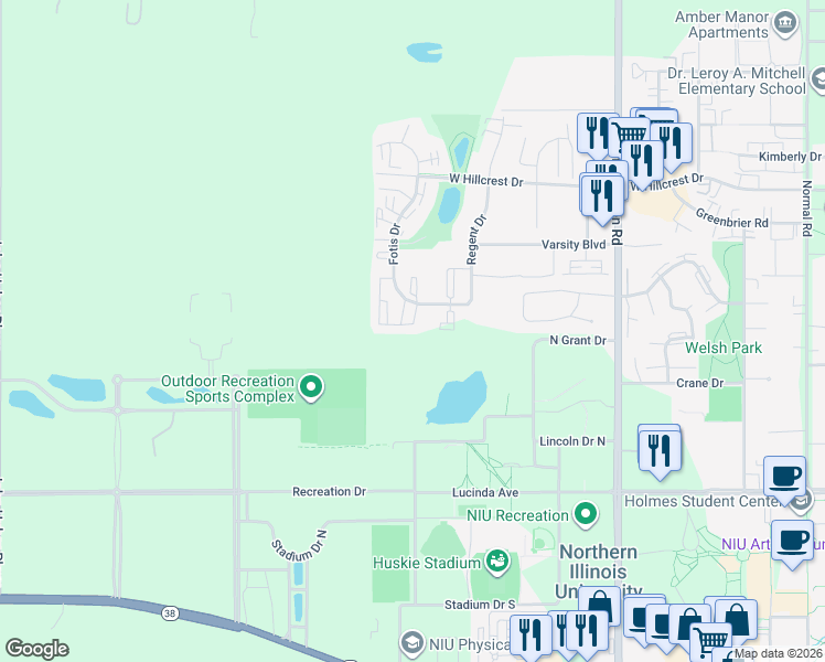 map of restaurants, bars, coffee shops, grocery stores, and more near 701 Fotis Drive in DeKalb