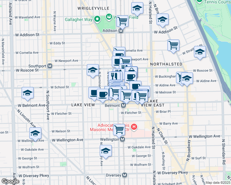 map of restaurants, bars, coffee shops, grocery stores, and more near 3238 North Sheffield Avenue in Chicago