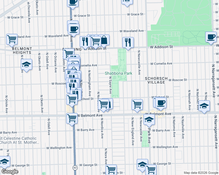 map of restaurants, bars, coffee shops, grocery stores, and more near 7000 West Henderson Street in Chicago