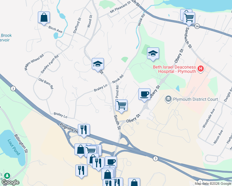 map of restaurants, bars, coffee shops, grocery stores, and more near 66 Nook Road in Plymouth