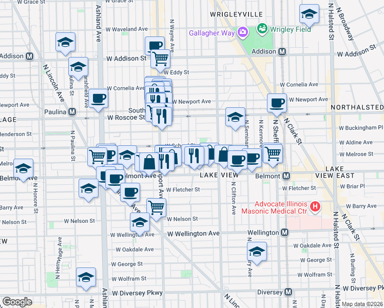 map of restaurants, bars, coffee shops, grocery stores, and more near 3258 North Lakewood Avenue in Chicago