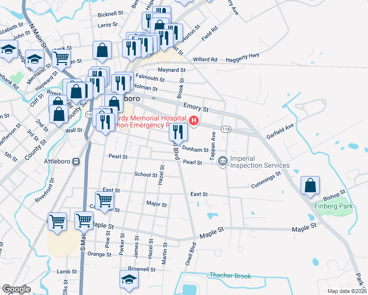 map of restaurants, bars, coffee shops, grocery stores, and more near 112 Dunham Street in Attleboro