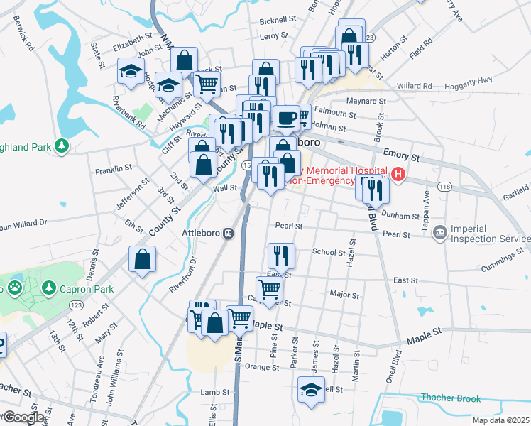map of restaurants, bars, coffee shops, grocery stores, and more near 81 Union Street in Attleboro