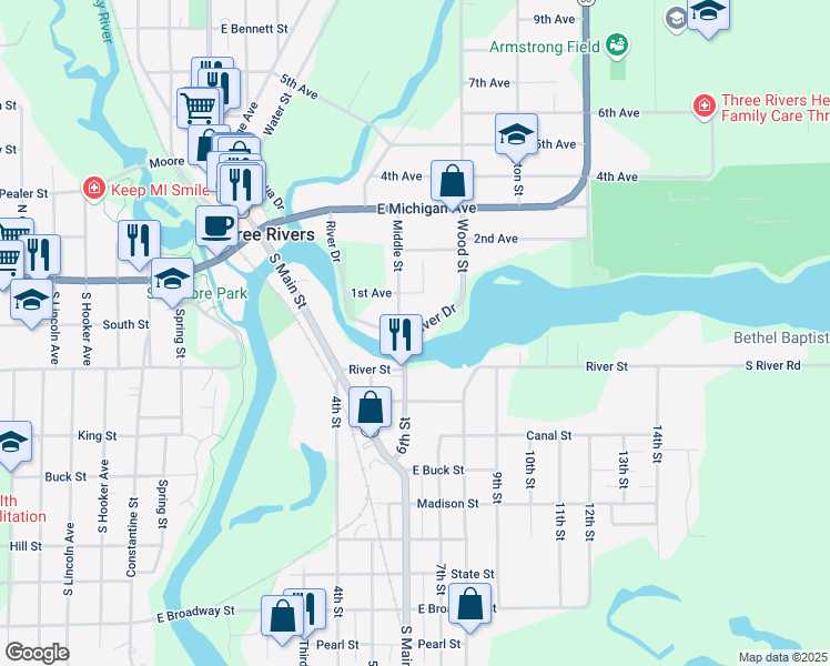 map of restaurants, bars, coffee shops, grocery stores, and more near 226 River Drive in Three Rivers
