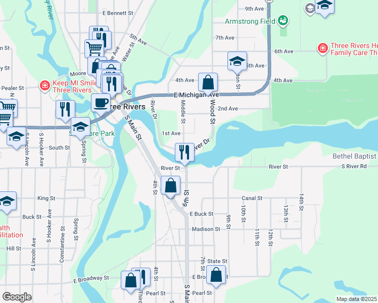 map of restaurants, bars, coffee shops, grocery stores, and more near 116 Middle Street in Three Rivers