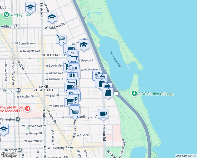 map of restaurants, bars, coffee shops, grocery stores, and more near 420 West Melrose Street in Chicago