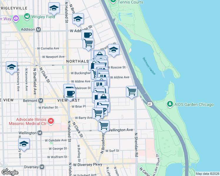 map of restaurants, bars, coffee shops, grocery stores, and more near 540 West Melrose Street in Chicago