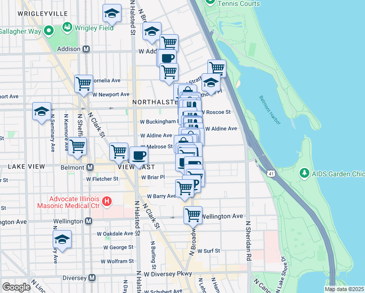 map of restaurants, bars, coffee shops, grocery stores, and more near 3257 North Broadway in Chicago