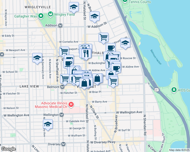 map of restaurants, bars, coffee shops, grocery stores, and more near 729 West Aldine Avenue in Chicago