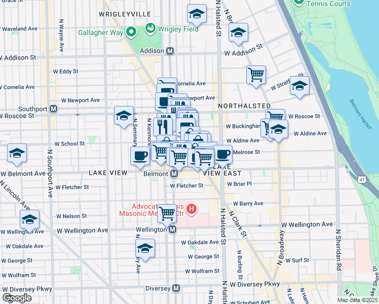 map of restaurants, bars, coffee shops, grocery stores, and more near 915 West School Street in Chicago