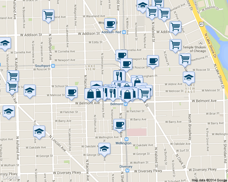 map of restaurants, bars, coffee shops, grocery stores, and more near 3252 North Kenmore Avenue in Chicago
