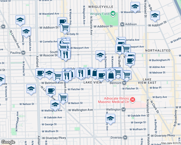 map of restaurants, bars, coffee shops, grocery stores, and more near 1225 West School Street in Chicago