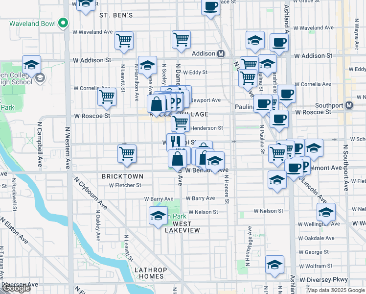 map of restaurants, bars, coffee shops, grocery stores, and more near 1948 West School Street in Chicago