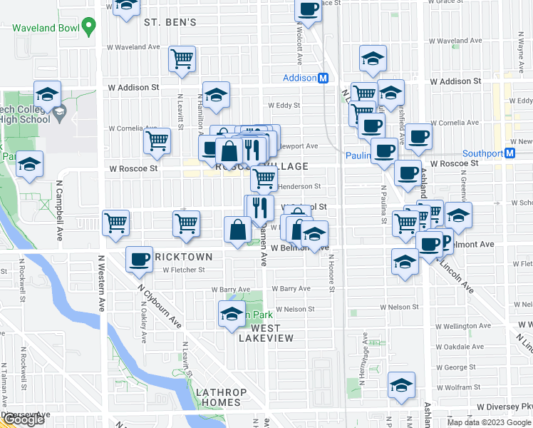 map of restaurants, bars, coffee shops, grocery stores, and more near 1952 West School Street in Chicago