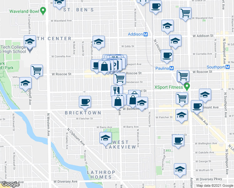 map of restaurants, bars, coffee shops, grocery stores, and more near 1948 West School Street in Chicago