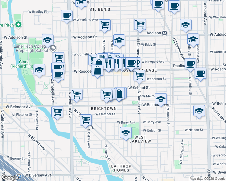 map of restaurants, bars, coffee shops, grocery stores, and more near 3302 North Hamilton Avenue in Chicago