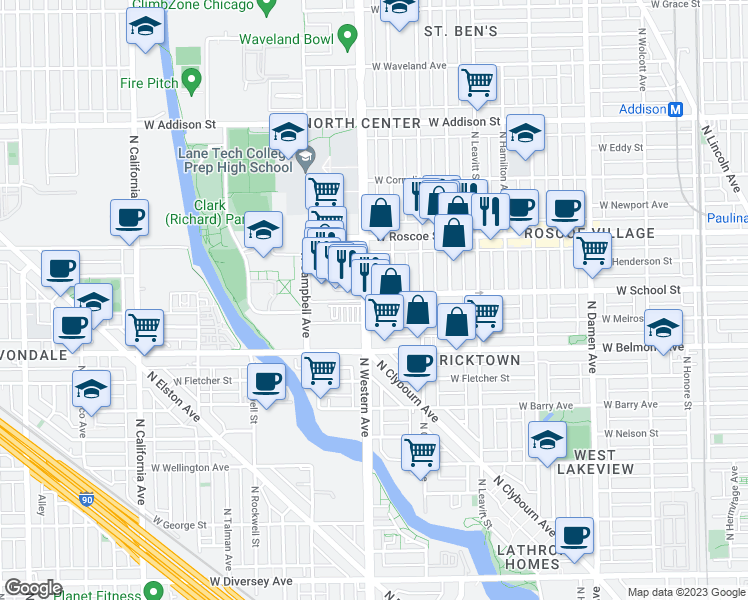 map of restaurants, bars, coffee shops, grocery stores, and more near 3300 North Claremont Avenue in Chicago