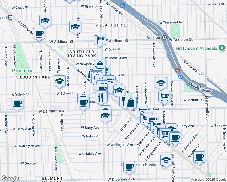 map of restaurants, bars, coffee shops, grocery stores, and more near 3316 North Harding Avenue in Chicago