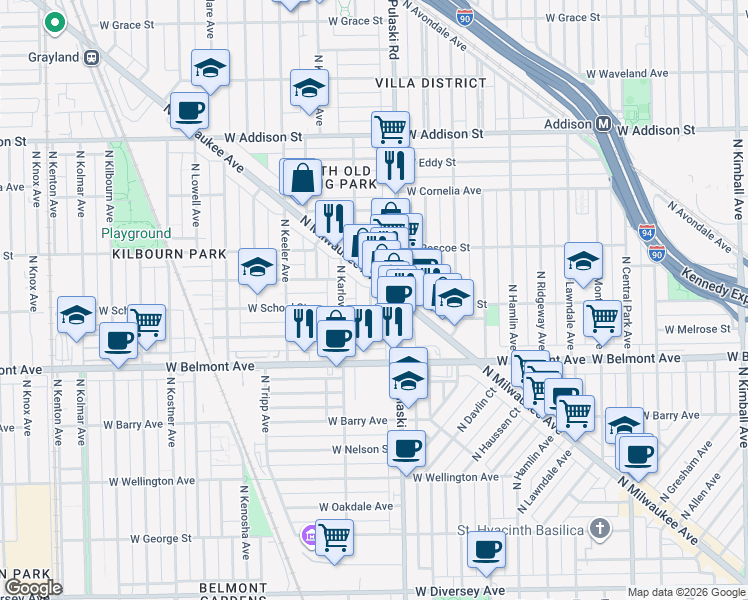 map of restaurants, bars, coffee shops, grocery stores, and more near 3318 North Keystone Avenue in Chicago
