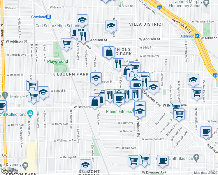 map of restaurants, bars, coffee shops, grocery stores, and more near 3317 North Keeler Avenue in Chicago