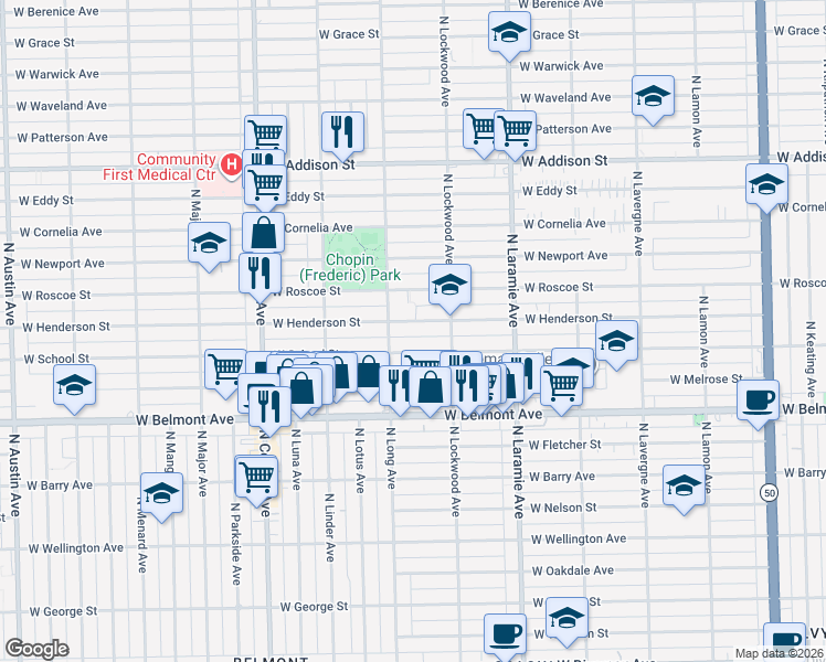 map of restaurants, bars, coffee shops, grocery stores, and more near 5330 West Henderson Street in Chicago