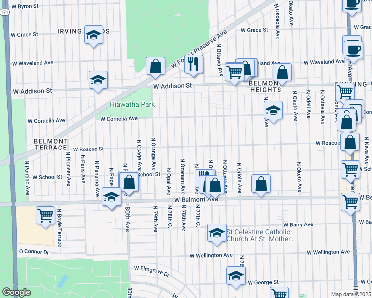 map of restaurants, bars, coffee shops, grocery stores, and more near 3400 North Ozark Avenue in Chicago