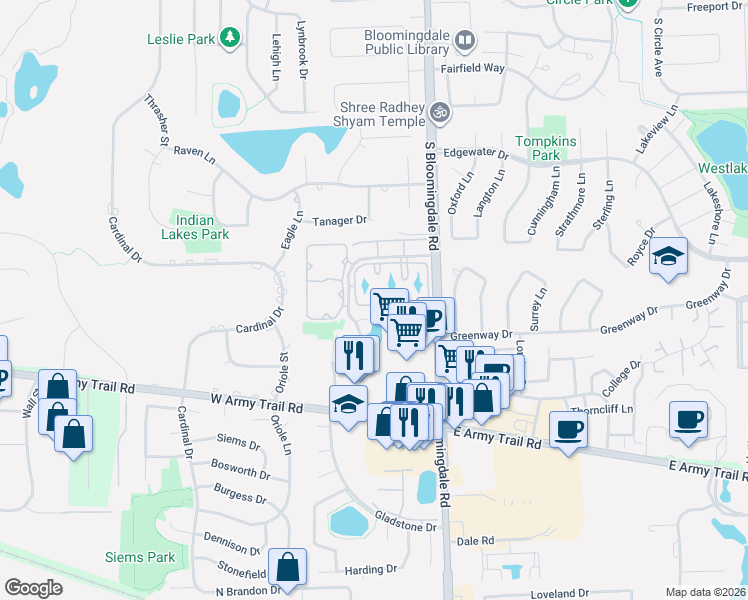 map of restaurants, bars, coffee shops, grocery stores, and more near 165 North Waters Edge Drive in Glendale Heights