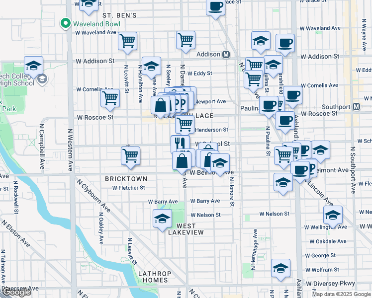 map of restaurants, bars, coffee shops, grocery stores, and more near 1952 West School Street in Chicago