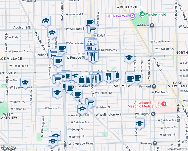 map of restaurants, bars, coffee shops, grocery stores, and more near 3245 North Southport Avenue in Chicago