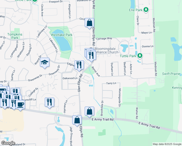 map of restaurants, bars, coffee shops, grocery stores, and more near 291 Glen Ellyn Road in Bloomingdale