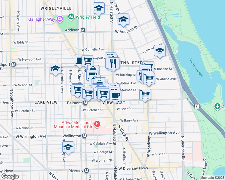 map of restaurants, bars, coffee shops, grocery stores, and more near 3230 North Halsted Street in Chicago
