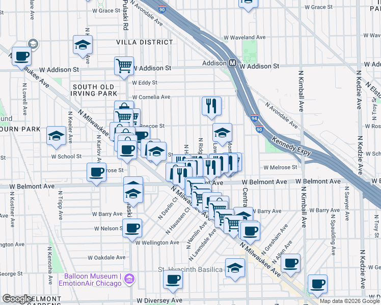 map of restaurants, bars, coffee shops, grocery stores, and more near 3316 North Ridgeway Avenue in Chicago