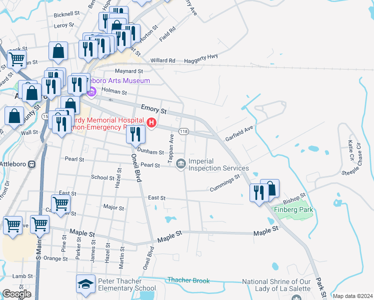map of restaurants, bars, coffee shops, grocery stores, and more near 20 George Street in Attleboro