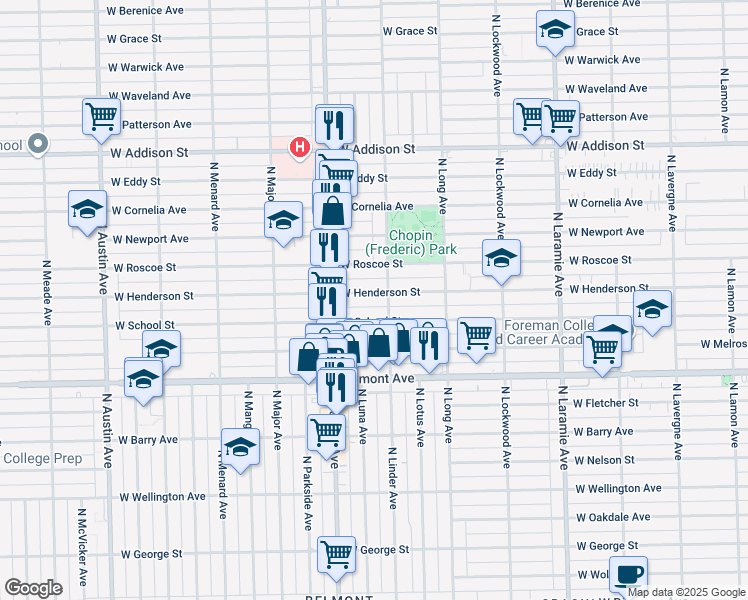 map of restaurants, bars, coffee shops, grocery stores, and more near 5515 West Henderson Street in Chicago