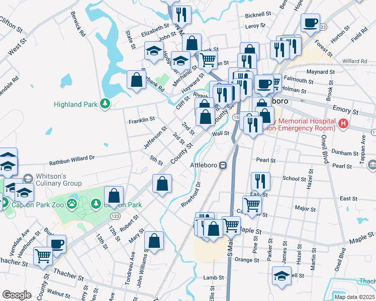 map of restaurants, bars, coffee shops, grocery stores, and more near 118 County Street in Attleboro