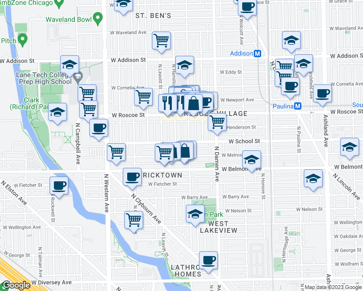 map of restaurants, bars, coffee shops, grocery stores, and more near 2115 West School Street in Chicago