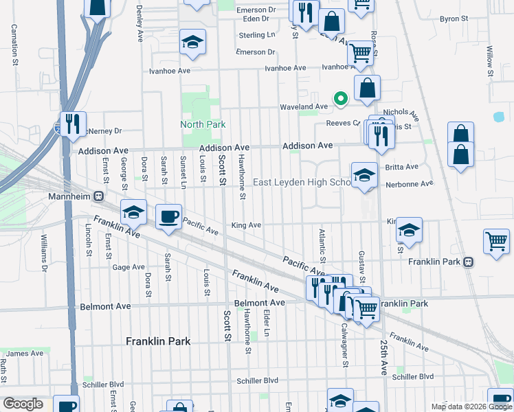 map of restaurants, bars, coffee shops, grocery stores, and more near 3429 Elder Lane in Franklin Park