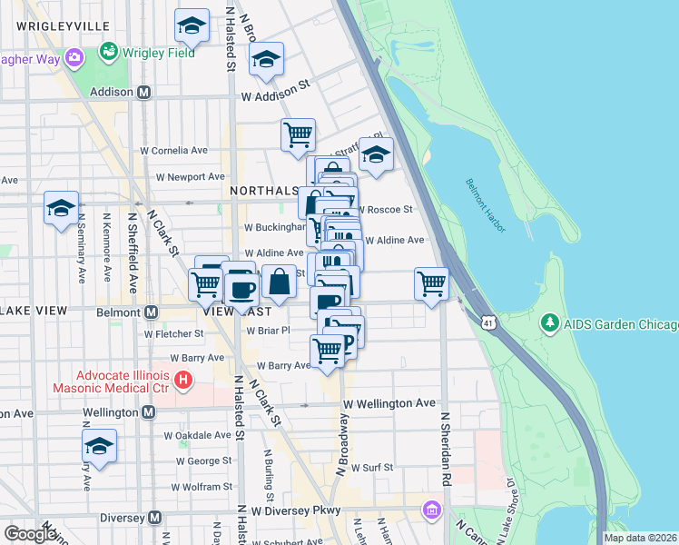 map of restaurants, bars, coffee shops, grocery stores, and more near North Broadway Street & West Melrose Street in Chicago