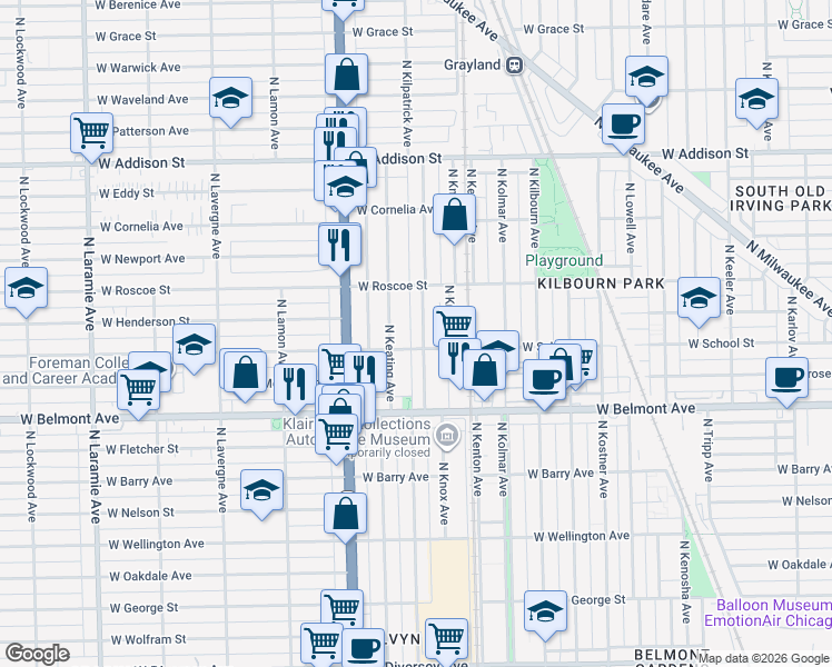 map of restaurants, bars, coffee shops, grocery stores, and more near 3326 North Kilpatrick Avenue in Chicago