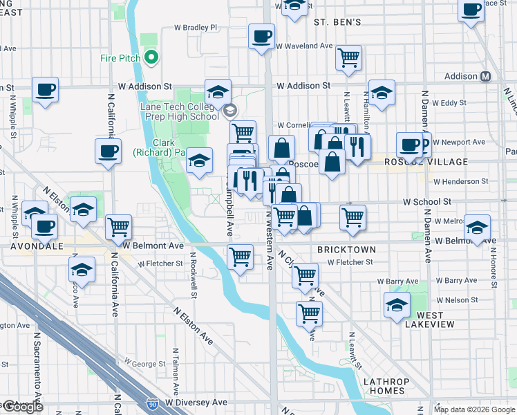 map of restaurants, bars, coffee shops, grocery stores, and more near 3304 North Western Avenue in Chicago