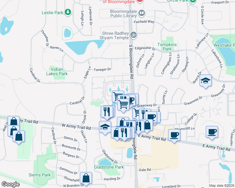 map of restaurants, bars, coffee shops, grocery stores, and more near 165 North Waters Edge Drive in Glendale Heights
