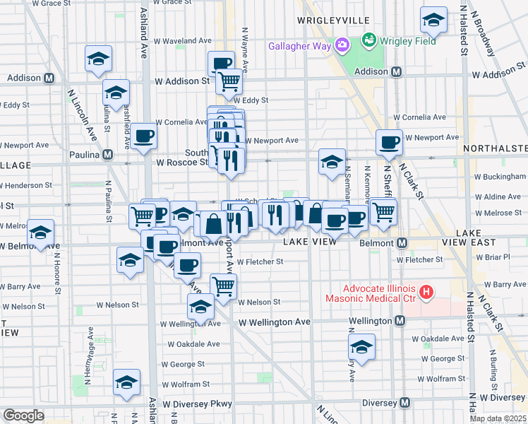 map of restaurants, bars, coffee shops, grocery stores, and more near 3258 North Lakewood Avenue in Chicago