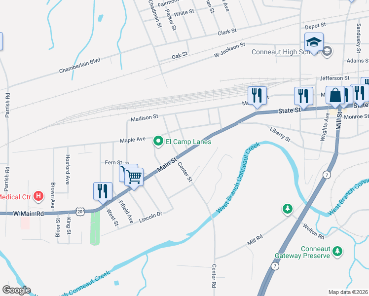 map of restaurants, bars, coffee shops, grocery stores, and more near 223 Whitney Street in Conneaut