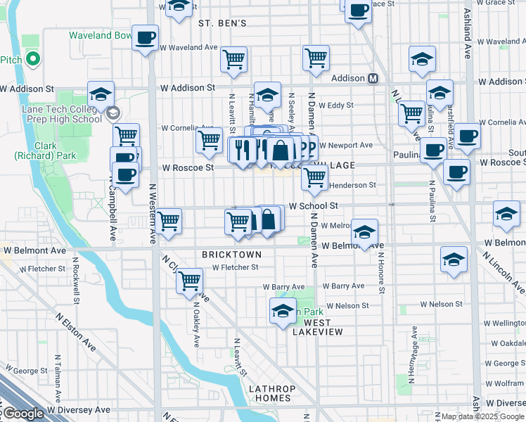 map of restaurants, bars, coffee shops, grocery stores, and more near 2115 West School Street in Chicago